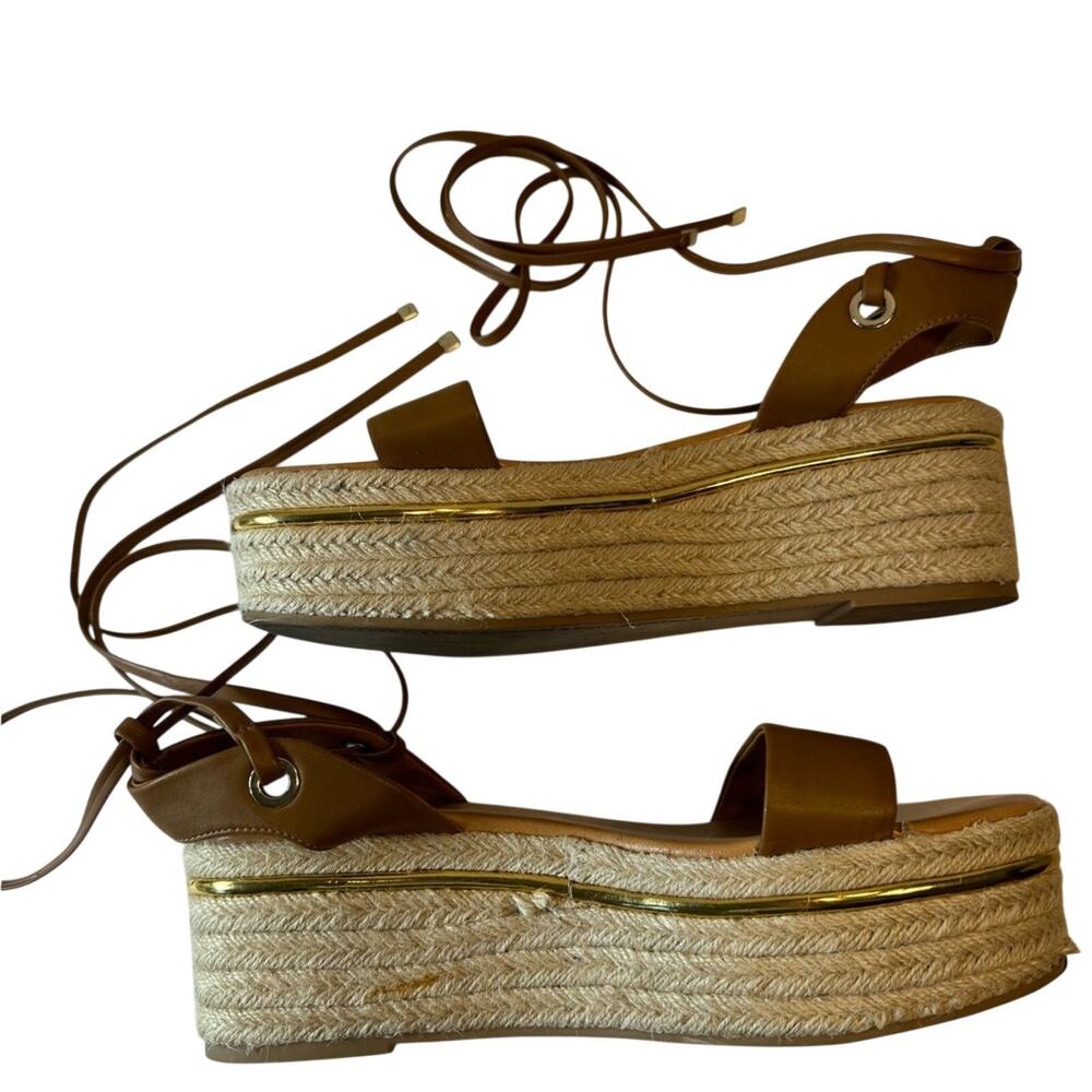 Bleeker and Bond Womens 9.5 Leather Espadrilles Camel Brown Gold Ankle Tie Beach